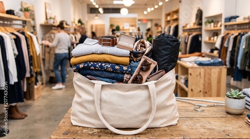 Tote bag filled with folded clothes and accessories in a boutique clothing store