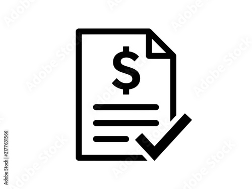 A very important financial document icon with a perfect dollar sign silhouette and a nice check mark symbol silhouette