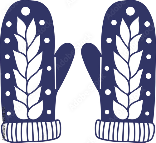 Mittens with Wheat Ear Pattern and Dots, Hand Drawn Doodle Winter Accessory.