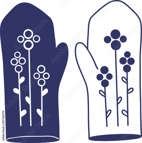 Pair Winter Mittens with Floral Pattern. Hand Drawn Doodle