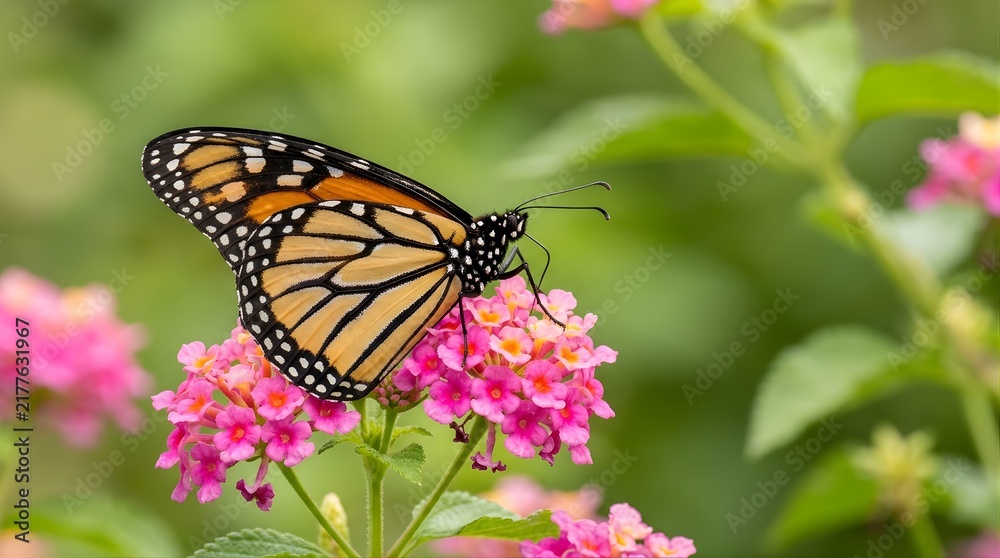 Obraz premium Monarch butterfly resting on a pink lantana flower in a sunny garden