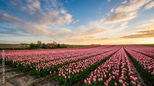 Pink tulip field in the Netherlands landscape at sunset with farmhouse