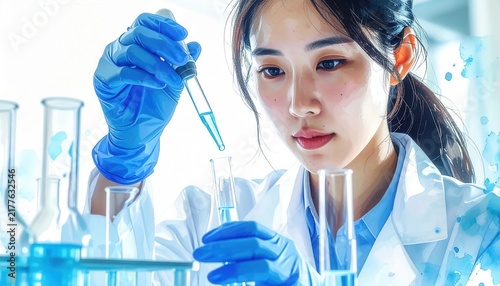 Professional scientist carefully pipetting liquid into glass test tube in sterile laboratory scientific watercolor study