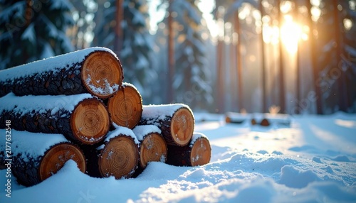 Stacked wooden logs covered in fresh white snow during a bright winter morning in a frozen forest landscape with sun flare background