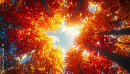 Looking up at colorful autumn trees with vibrant orange and red leaves reaching toward the bright sky for a seasonal nature background