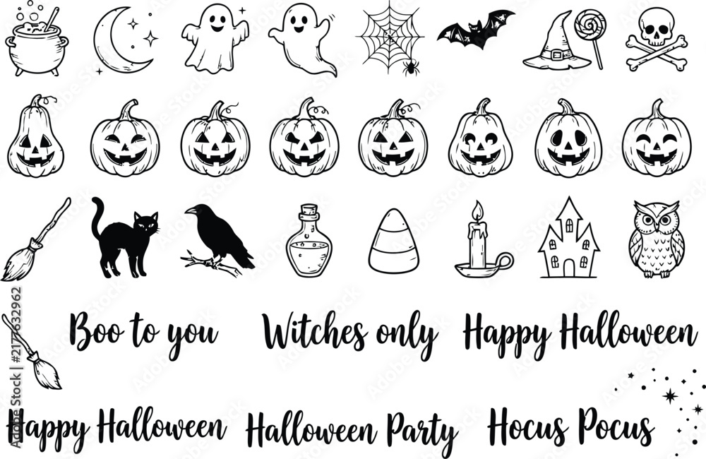 Obraz premium Halloween holiday doodle icon set featuring pumpkins ghosts and spooky elements isolated on transparent background