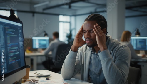 Software developer feeling intense frustration and fatigue while working on complex code in a modern open plan office