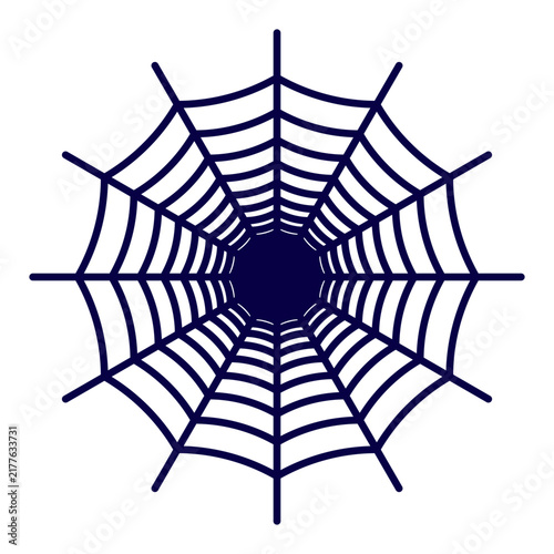 Flat vector illustration of a symmetrical spider web isolated on white background. Minimalist dark spiderweb icon for Halloween party flyer, spooky decoration, and creepy nature design element.