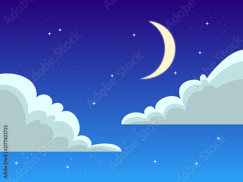 Flat vector illustration of a peaceful night sky landscape with crescent moon, fluffy clouds, and twinkling stars. Calm bedtime background template for children book design and sleepy concept.