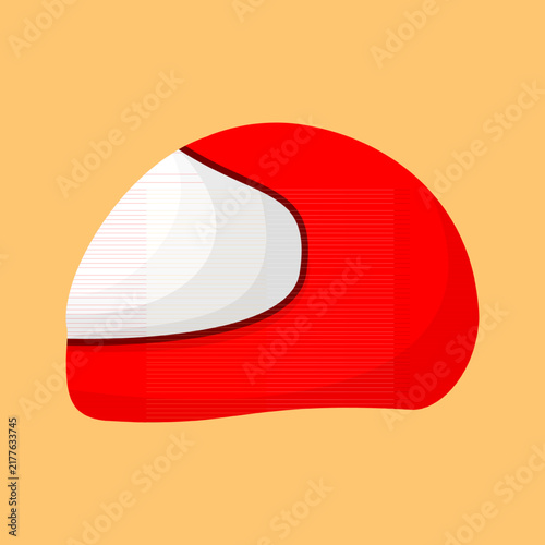 Flat vector illustration of a red full face motorcycle helmet isolated on orange background. Minimalist protective gear icon for delivery service app UI, road safety, and travel banner.
