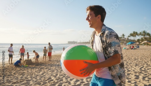 Young man holding a colorful beach ball while smiling on a sunny coastline with family enjoying sandcastle fun in background