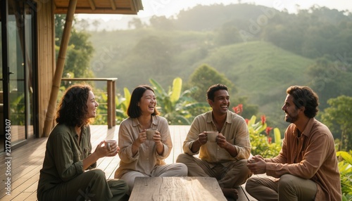 Diverse group of four friends laughing together and drinking hot coffee on a sun drenched eco lodge deck in the hills of Costa Rica