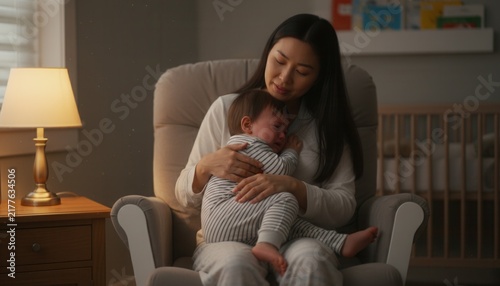 East Asian mother gently soothing and holding her crying toddler during a quiet nighttime bedroom bedtime routine
