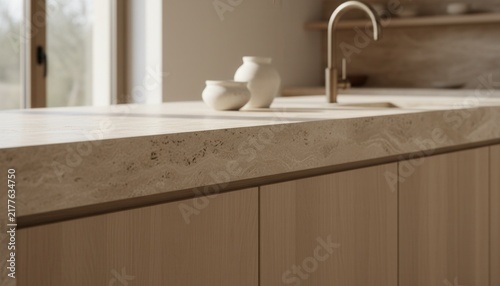 Chiseled edge natural travertine stone countertop paired with rich fluted oak cabinetry in a contemporary minimalist luxury kitchen