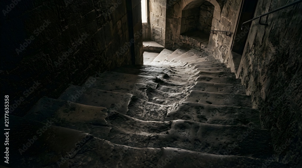 Fototapeta premium Dark historic stone staircase inside an old castle with worn steps
