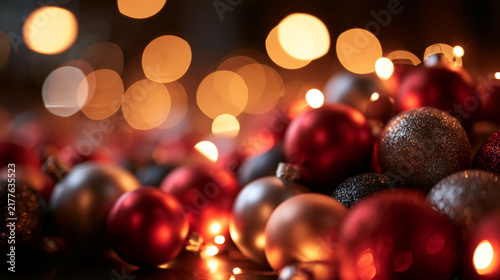 Christmas Baubles and Sparkling Bokeh Holiday Lights Background