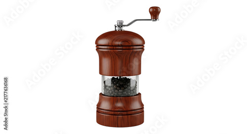 Classic Wooden Pepper Mill Filled With Black Peppercorns Isolated On White