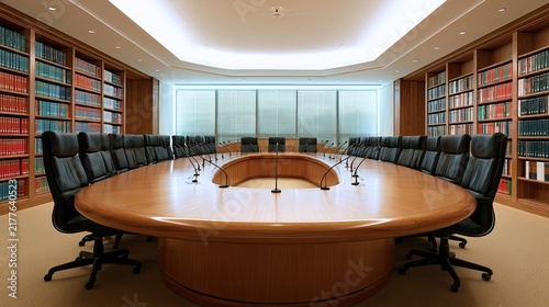 Empty, opulent boardroom with large oval table, plush chairs, and filled bookshelves