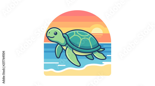Green sea turtle swimming near tropical beach sunset background.
