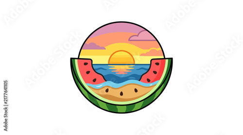 Watermelon slice containing a tropical beach sunset landscape scene.