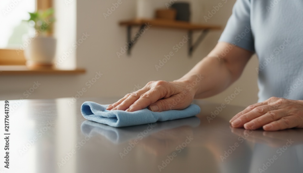 Fototapeta premium Senior person gently wiping down a clean gleaming stainless steel kitchen countertop with a soft blue microfiber cloth