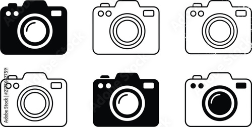 Camera and Photography Icons Collection with Digital Camera Symbols in Black and Outline Styles