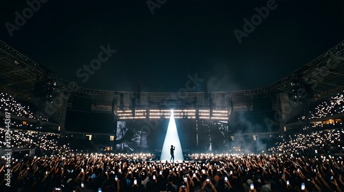 Solo singer performing on a stadium stage lit by spotlights at night
