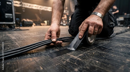 Stage technician taping down electrical cables on a concert venue floor