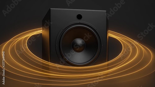 Sound waves create patterns around a speaker in a dark space with glowing light effects