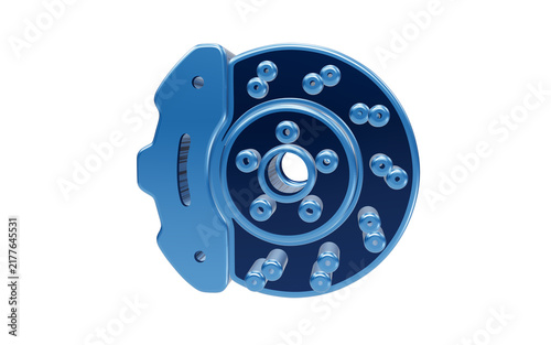 Fotografie Blue Brake Rotor: A striking blue brake rotor assembly, a high-performance automotive part, stands out against a stark background, emphasizing its intricate design and engineered precision