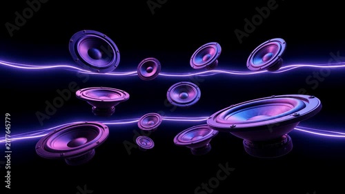 Different types of speakers with sound waves shown in a dark background