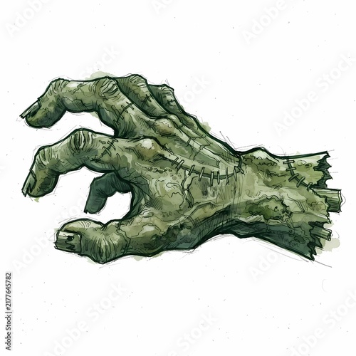 A gnarled, stitched hand reminiscent of a classic monster reaches out ominously, rendered in a textured watercolor style.