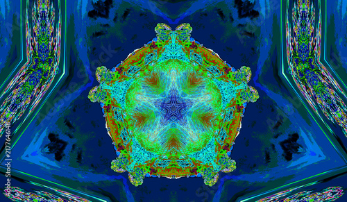 фотографія A vibrant mandala design featuring intricate patterns with a focus on blue and green hues