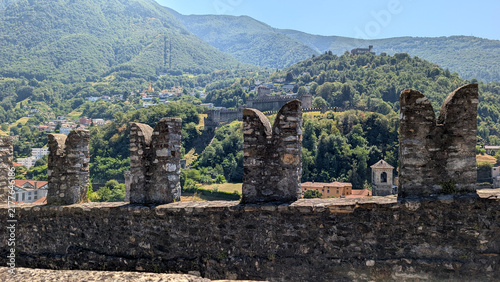 Canvastavla View through medieval battlements toward Bellinzona fortification