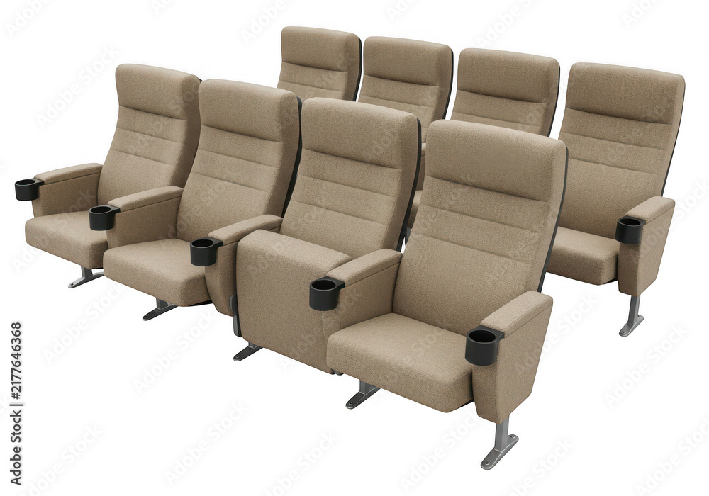 Fototapeta premium Rows of beige theater seats with cup holders are displayed on transparent background