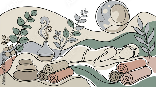 Holistic Wellness and Luxury Spa Treatment Illustration depicting Mindfulness Aromatherapy and Massage Therapy for Mental Health and Stress Management Professional Services