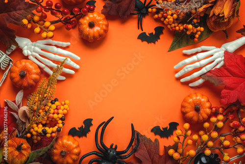 Top view of Halloween frame with Halloween party decoration and and copy space for text. Halloween concept background