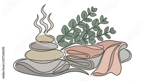 Professional Stone Massage and Aromatherapy Setup Illustration for Physiotherapy and Wellness Center Marketing focusing on Relaxation and Therapeutic Skin Care Treatments