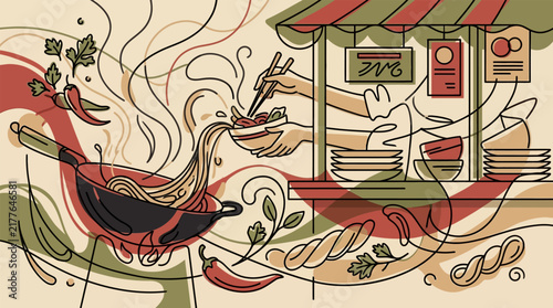 Professional Culinary Stir-Fry Process Illustration Showcasing Asian Street Food Preparation with Wok, Chopsticks, and Fresh Ingredients for Gourmet Food Branding and Gastronomy Educational Content
