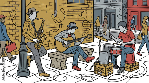 Public Performing Arts and Urban Jazz Culture Illustration Featuring a Street Music Trio with Saxophone, Guitar, and Percussion for City Entertainment and Community Engagement Marketing
