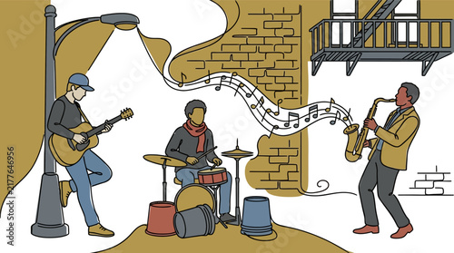 Conceptual Musical Inspiration and Artistic Expression Illustration Depicting a Jazz Ensemble with Flowing Sound Waves and Music Notes for Creative Services and Music Theory Education