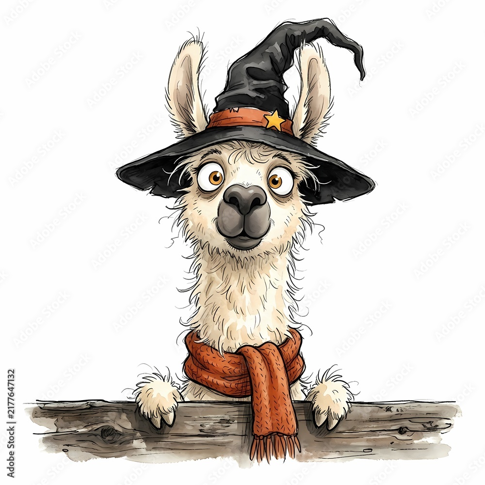 Obraz premium A whimsical llama dressed as a witch, complete with a pointed hat and cozy scarf, peeks over a wooden fence, embodying the playful spirit of Halloween.
