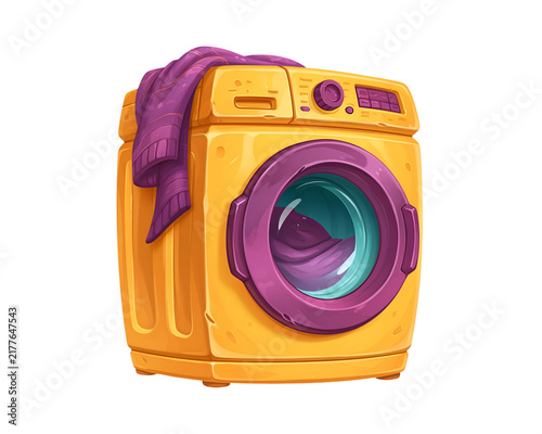 Yellow washing machine with purple accents