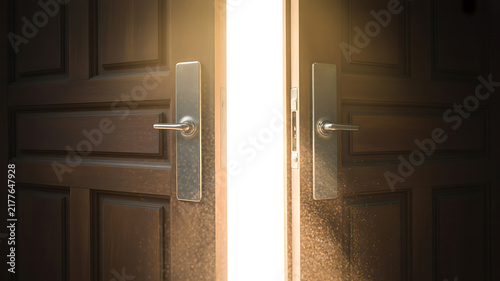 Open wooden double doors with metallic handles and a bright white light shining through the dark doorway frame.