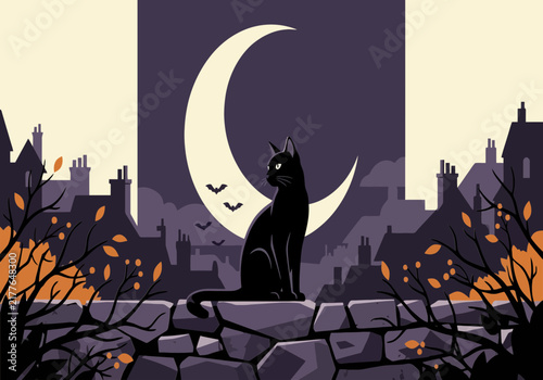 Stylized Celestial Forest Landscape with Giant Moon and Trees Vector