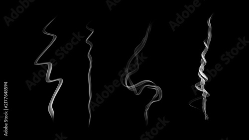 Fotografía Four wisps of white smoke with different swirling patterns on a black background