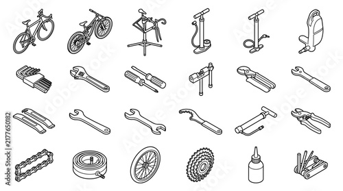 Isometric bicycle repair and maintenance tools line icons set