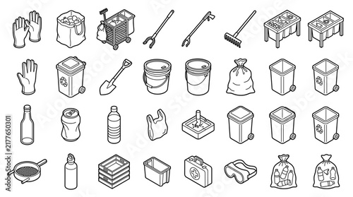 Isometric Outline Cleaning and Recycling Icons Set