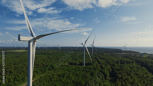 Large wind turbines above dense green forest beside coastline under bright blue sky with scattered clouds and wide