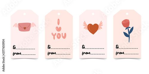 Obraz na plátně Cute Valentine's Day gift tags with love hearts and flowers on transparent backg